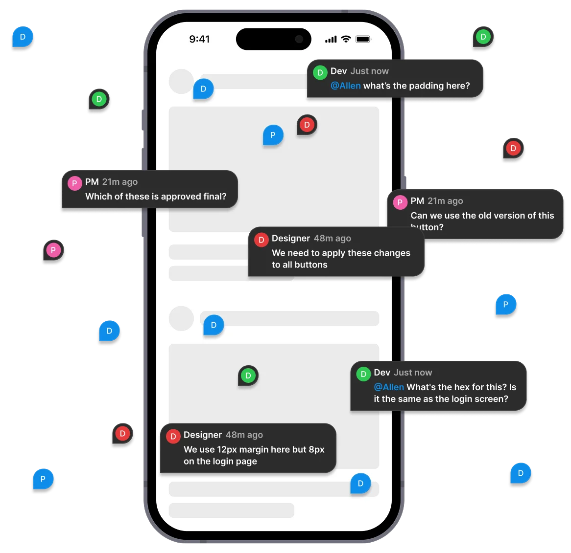 Figma comments from designers, developers, and PMs requesting specs before the design system existed